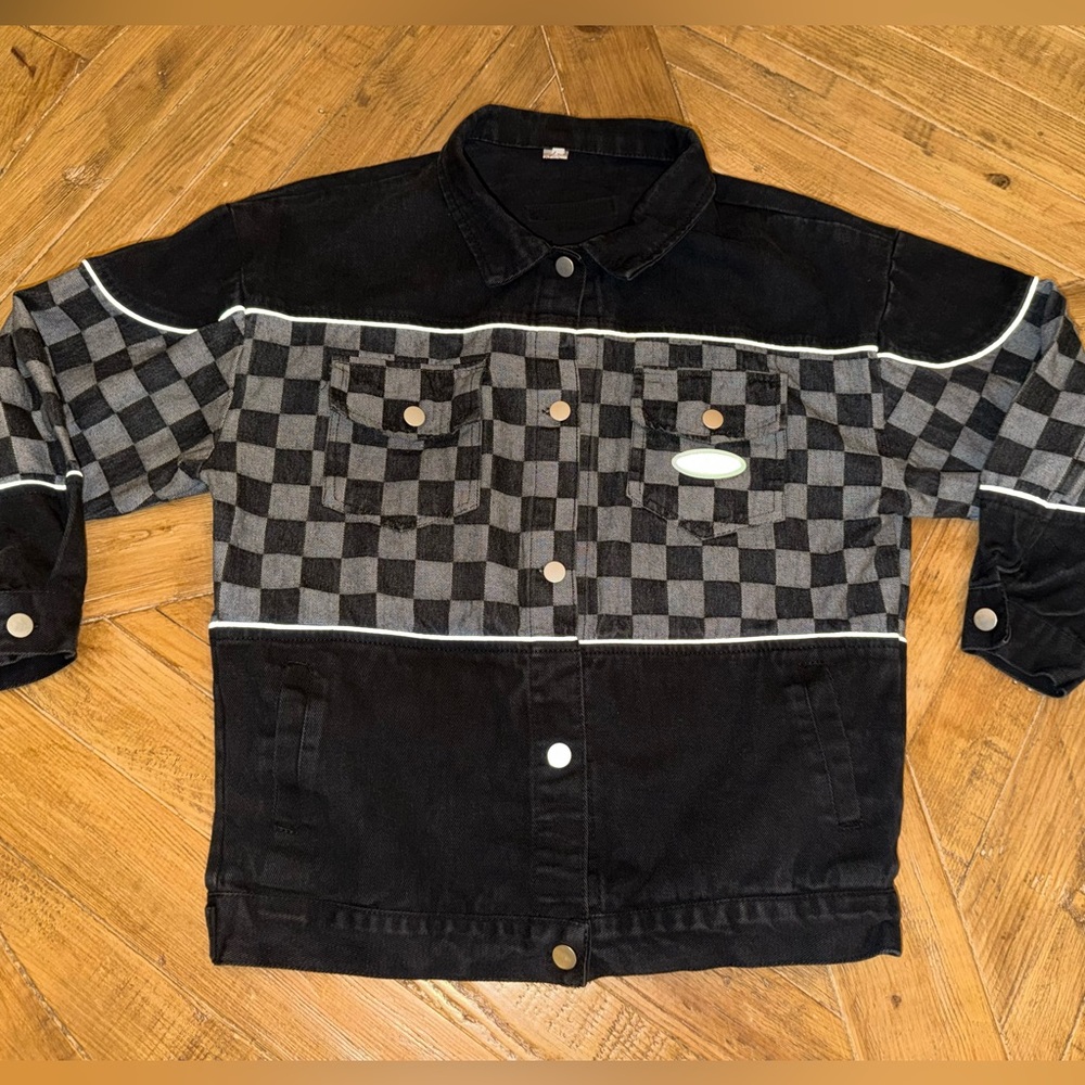 Denim Jacket with checkered panel and reflective accents - size medium